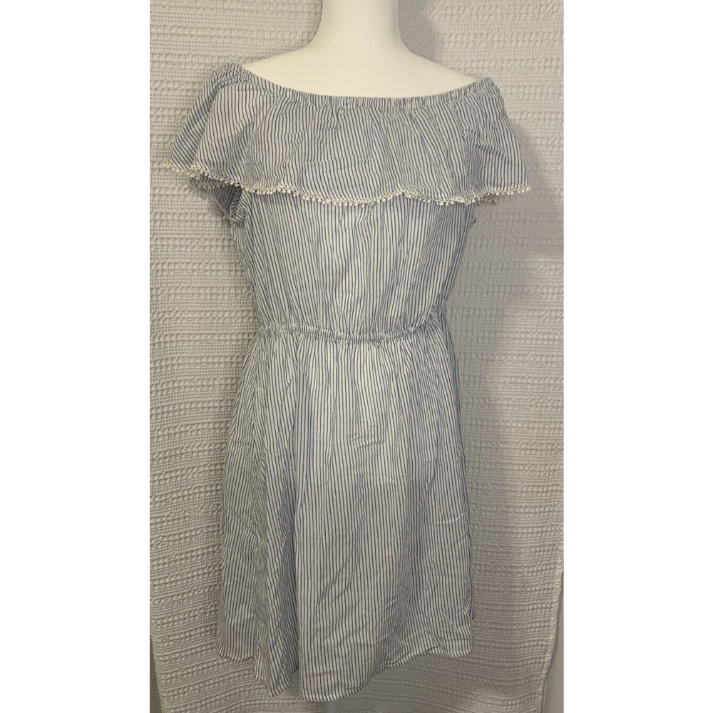 Label of Greater Goods Womens White and Blue Stripe Dress Off Shoulder Sz 10
